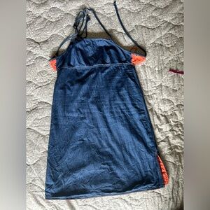 Quiksilver Roxy Jean Denim Tie Up Halter Midi Dress with Orange Floral lining